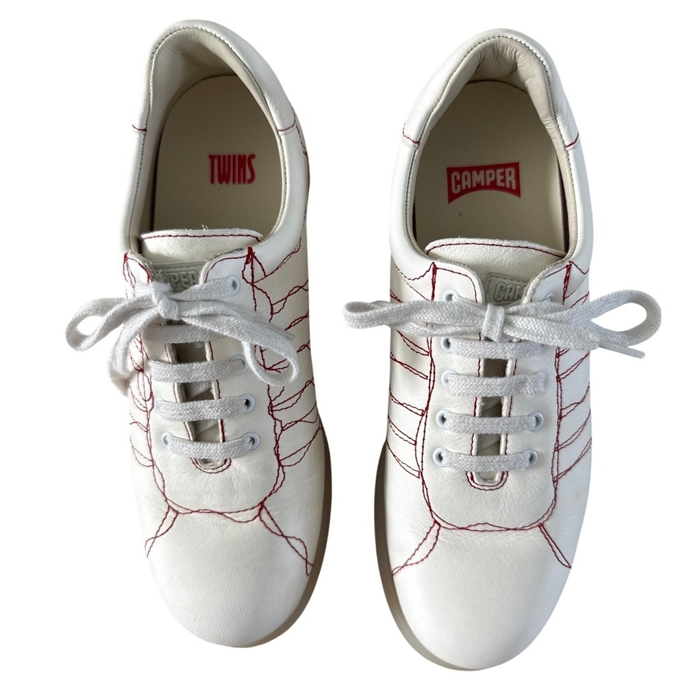 Camper Twins Pelotas Ariel Decorative Stitching Leather Sneakers White Red US 7 - Picture 6 of 15